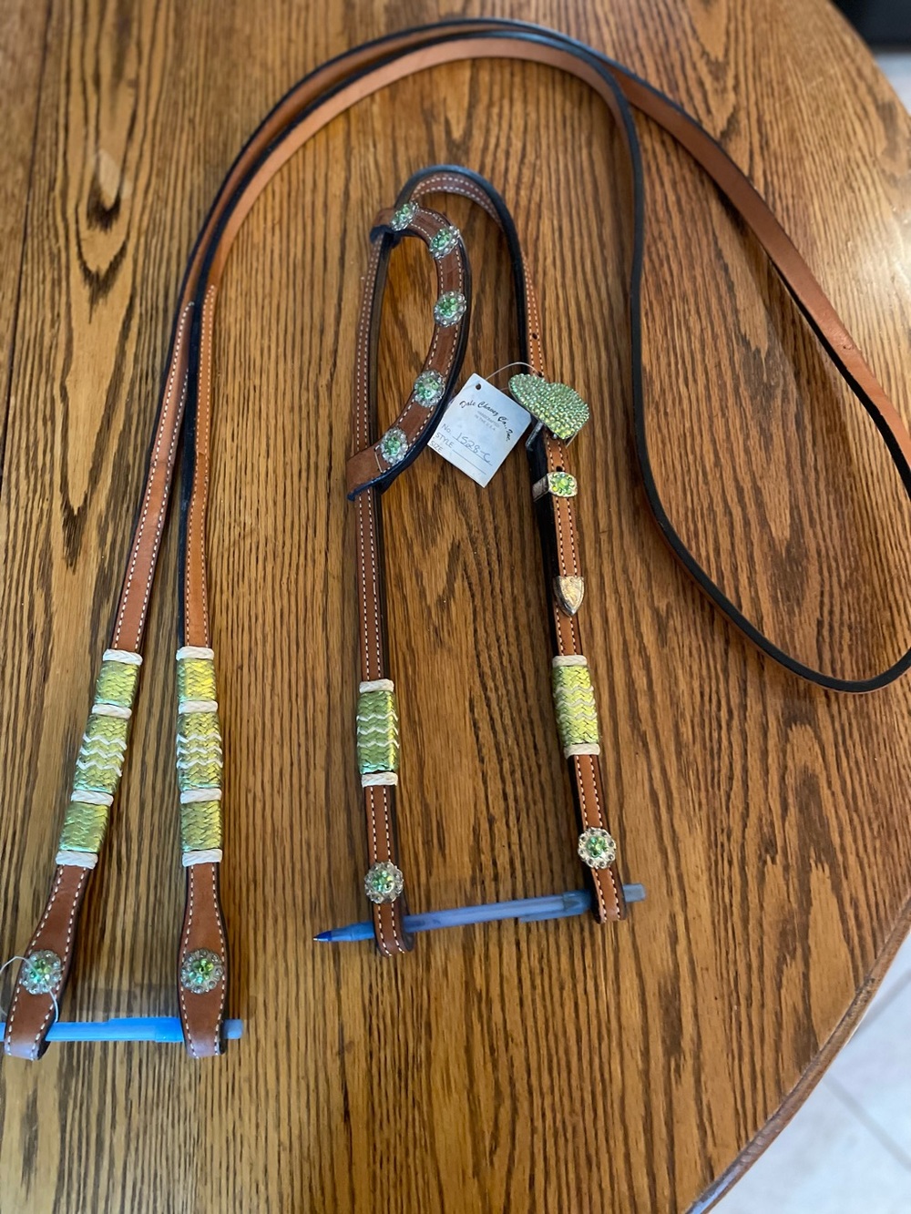 Horse Tack Dale Chevez Green Stones/Rawhide One Ear Headstall/Barrel Reins